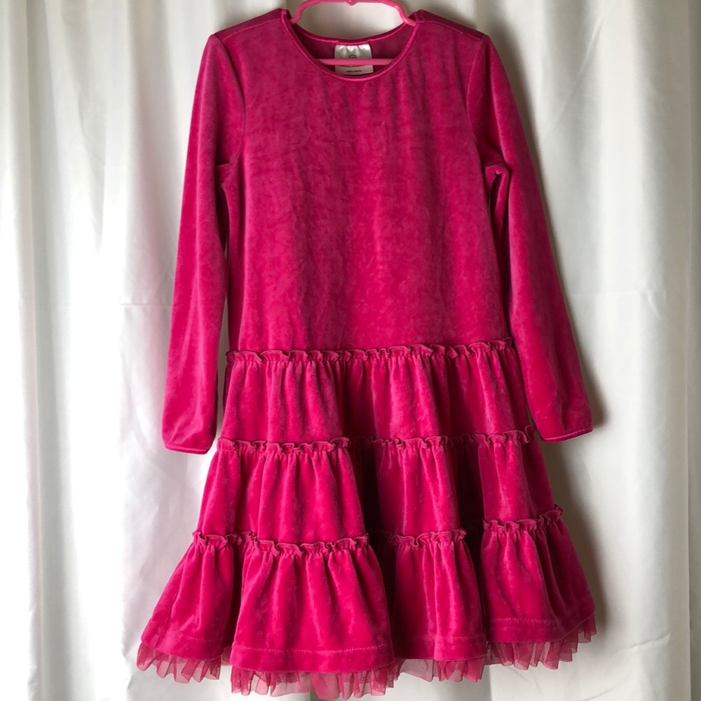 Hanna andersson velour hot pink ruffle dress 5/6
